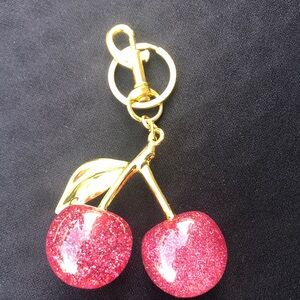 Sparkling Glitter Pink Cherries Keychain Charm Pink and Gold
